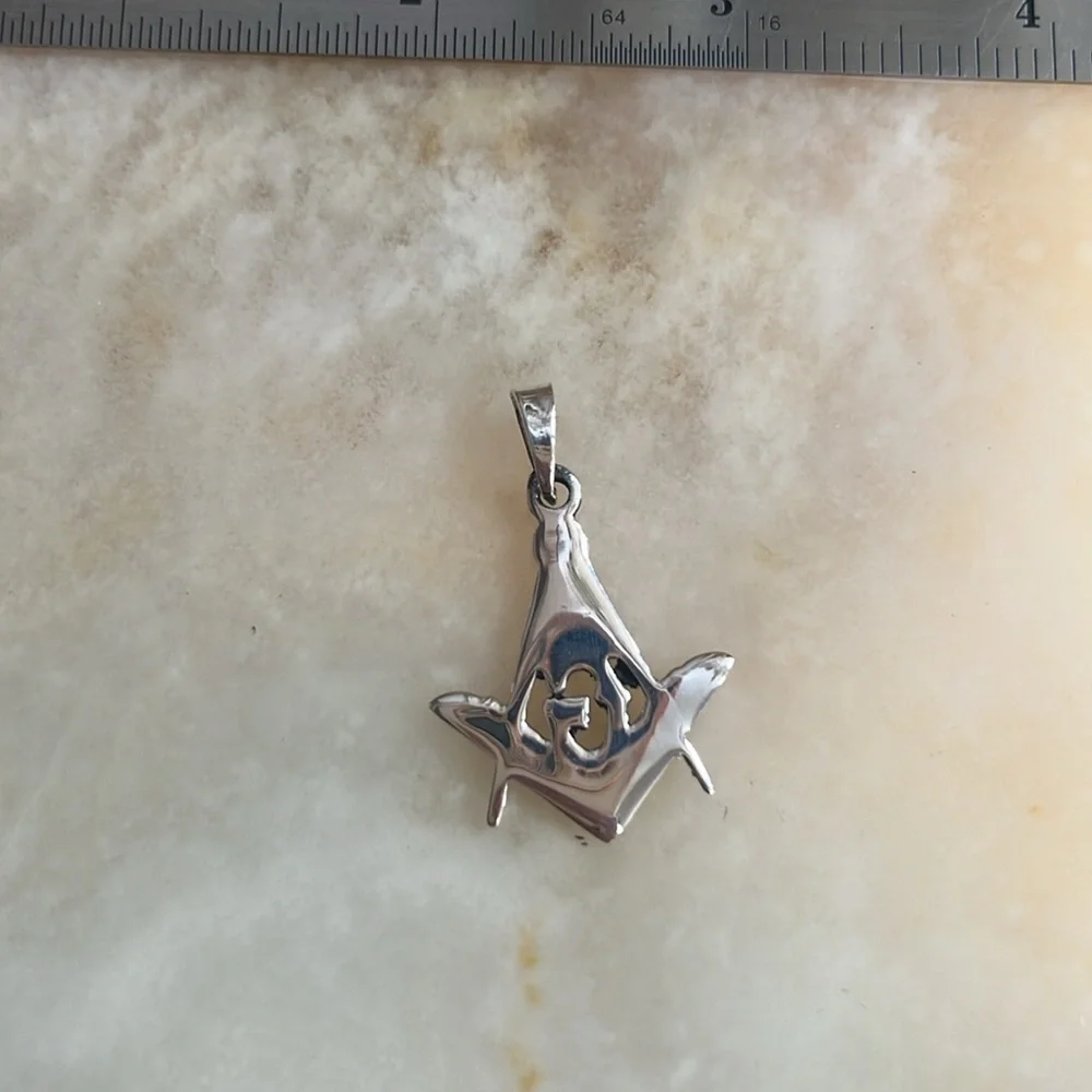 Sterling Silver Masonic Symbol Square & Compass Pendant Handmade 1 1/8 inch